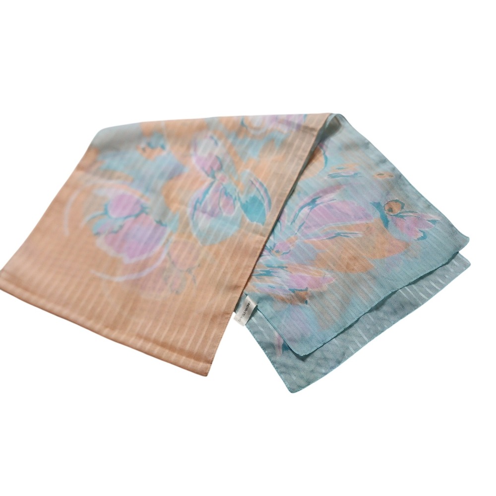 Vintage Made in Italy Floral Scarf Pastel Peach Blue Striped Sheer Rectangle